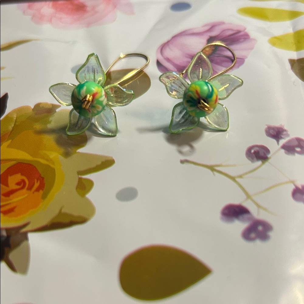 Handmade Green Floral  Bead Drop Earrings